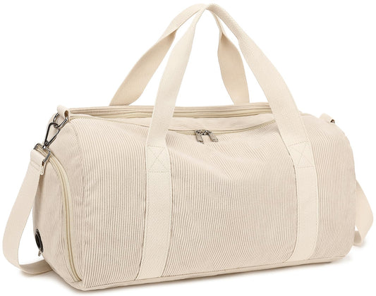 Duffle Bag for Gym Sports Women Girls Workout Travel Bag Weekender with Shoe Compartment and Wet Pocket (Corduroy-beige)