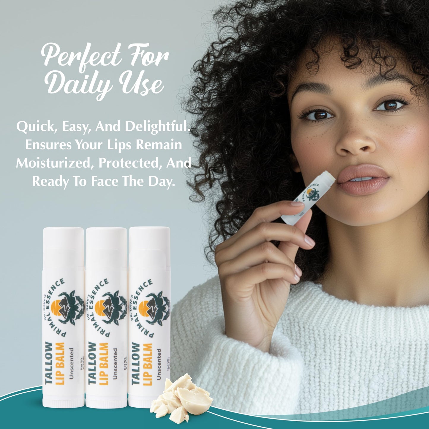 Dr. Dave's Primal Essence Moisturizing Tallow Lip Balm - Grass-Fed Beef Tallow with Organic Coconut Oil, Beeswax and Vitamin E - Unscented, 3-Pack