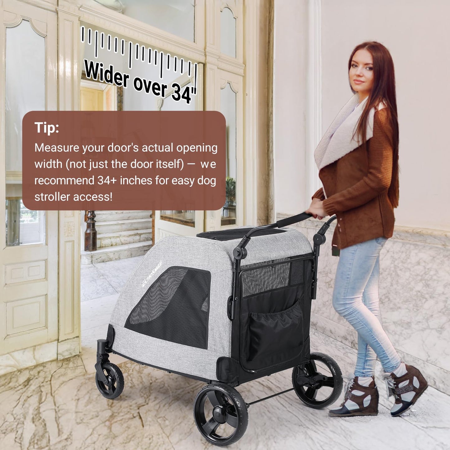 EchoSmile XL Extra Large Dog Stroller - Adjustable Handles,Lightweight Folding Pet Stroller,All-Terrain 4 Wheel for 2 Medium Dogs,Dual Entry Safety Dog Stroller,Capacity 160 lbs,Gray
