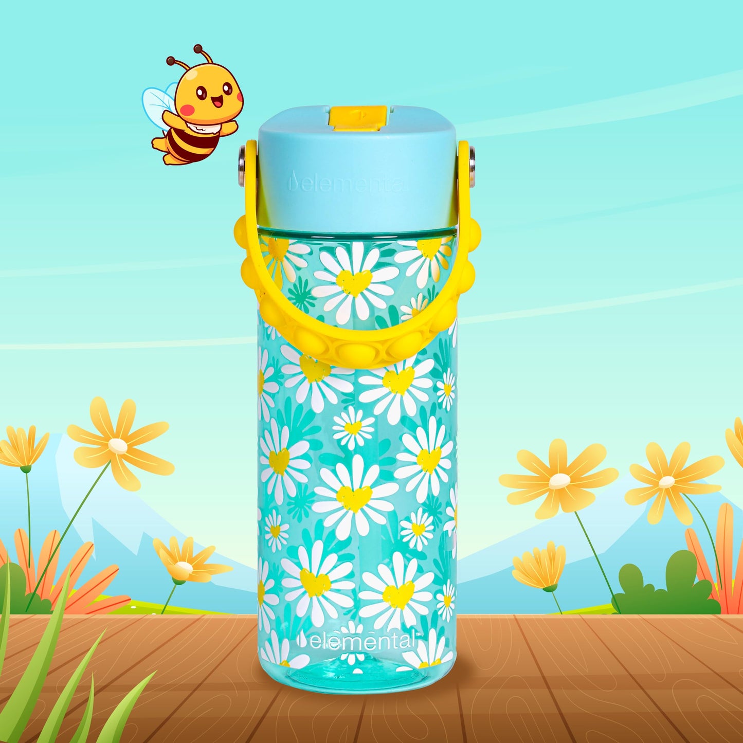 Elemental Leak Proof Water Bottles for Kids - Splash Kids Water Bottle for School with Fun Fidget Pop-it Handle - BPA Free Tritan Plastic Reusable Water Bottle with Straw - Daisy Heart - 18oz