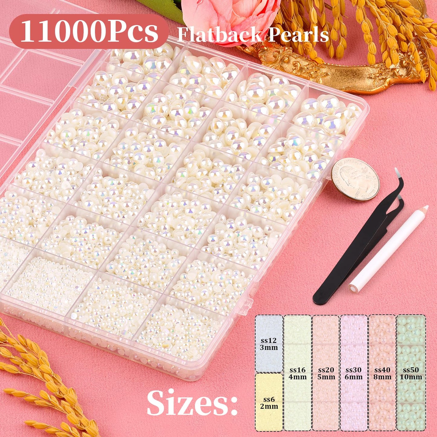 11000Pcs Flatback Pearls for Crafting (Beige AB), Assorted Size 2/3/4/5/6/8/10mm Non Hotfix Half Pearl, Bedazzling Bead for DIY Crafts Clothing Tumblers Mugs Shoes Fabric Embellishment Nail Art Makeup