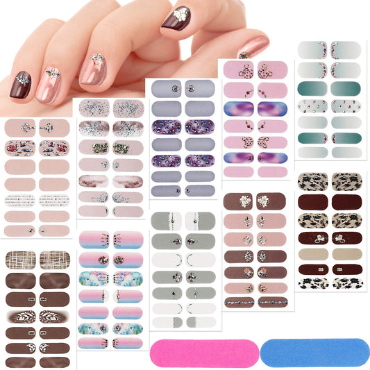 140 Pcs 10 Sheets Full Wrap Nail Stickers Polish Strips Gradient Stickers Glitter Self Adhesive DIY Art Decals Strips with 2 Pcs Nail Files for Holiday Decor (Shiny Style)