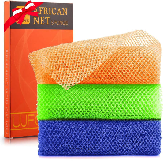 3 Pieces African Bath Sponge African Net Long Net Bath Sponge Exfoliating Shower Body Scrubber Back Scrubber Skin Smoother,Great for Daily Use (Orange、Blue、Green)