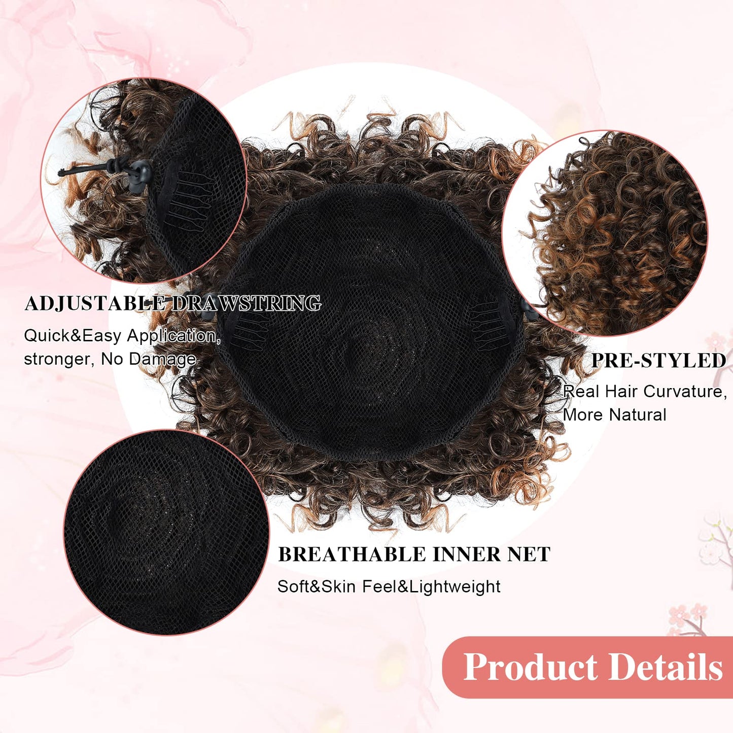 DOROJJ Curly Hair Buns for Women Drawstring Curly Ponytail for Black Women Messy Curly Bun Hair pieces Ponytail Short Messy Curly Bun Hair pieces for Women Daily Use(Chestnut Brown)