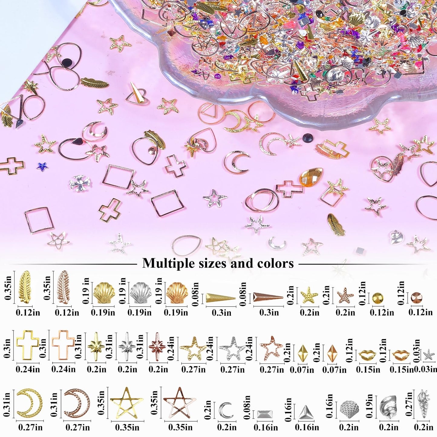 editTime 5 Boxes Gold Silver Metal Nail 3D Punk Studs Star Moon Heart Triangle Square Rivet Gems Nail Art Jewels with a Curved Tweezers and a Nail Brush (gold & rose gold & silver)
