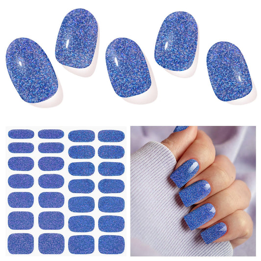 DUKASOU Semi Cured Gel Nail Strips, Dark Blue Sparkle | 28pcs Work With Any UV Lamp, Stickers for Women Girls, Includes Prep Pads, File & Wood Stick