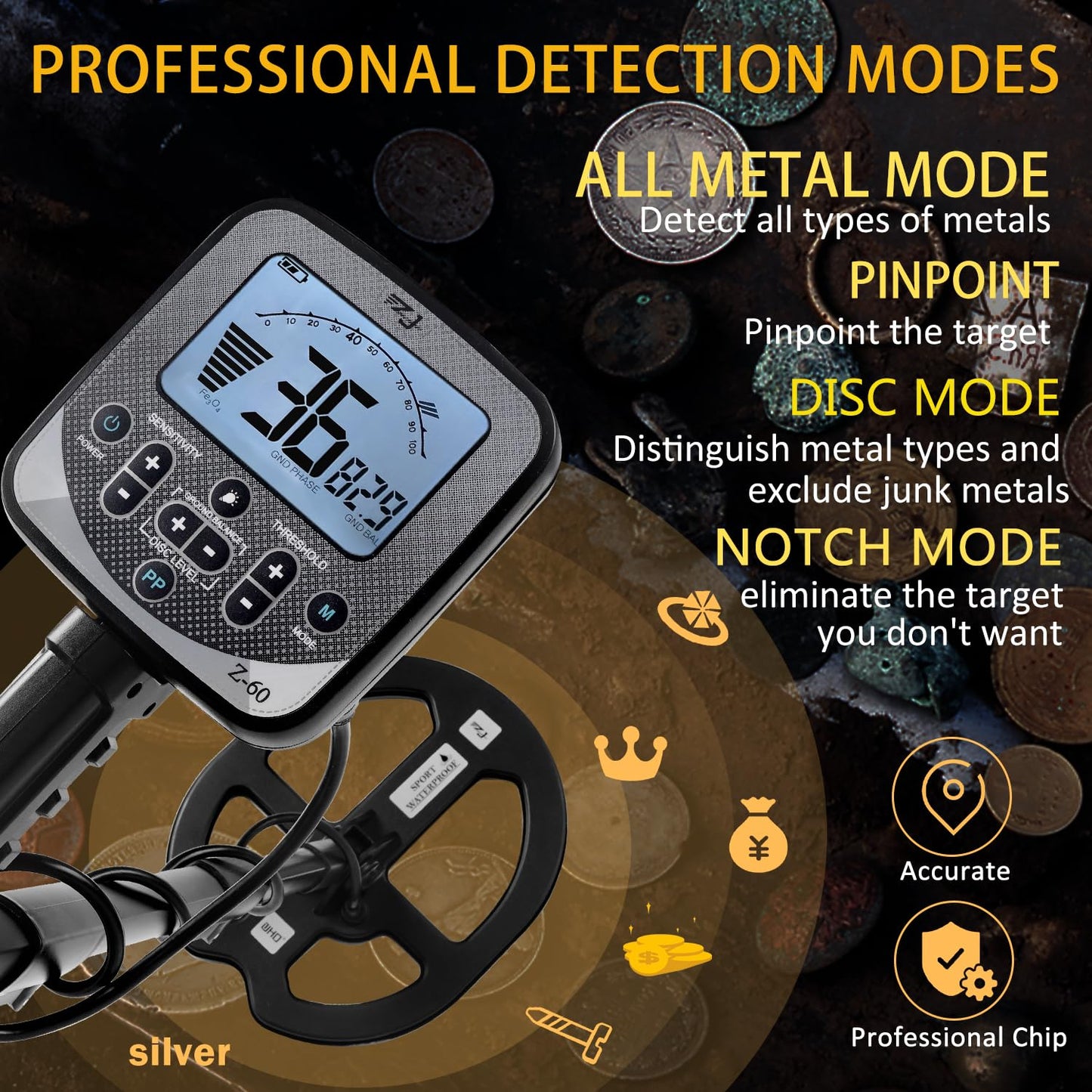 16 Inch Depth Metal Detector for Adults,19.2 kHz Higher Sensitivity Professional Metal Detector kit with Double-D Waterproof Coil,Beach Metal Detector and Pinpointer,4 Professional Modes,LCD Display