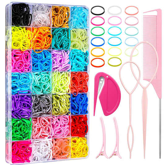 28 Colored Rubber Bands for Hair, 1500 Pcs Small Girls Elastic Ties With 6 Styling Tools - Colorful Accessories for Baby Toddlers Kids