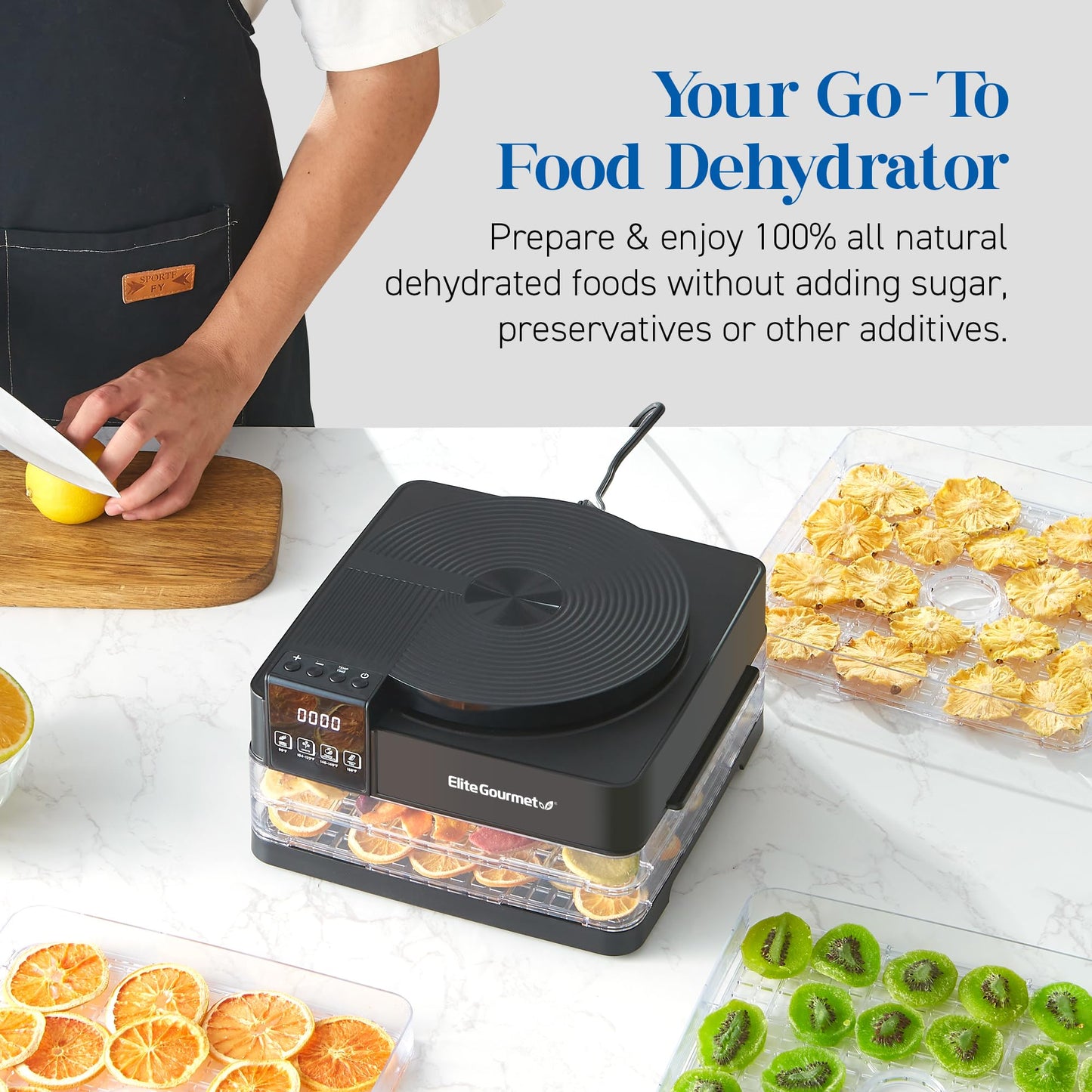 Elite Gourmet EFD422 Digital Food Dehydrator with 5 BPA Free Trays, Top Mounted Fan & Heater, Adjustable Timer and Temperature Controls, Jerky, Herbs, Fruit, Veggies, Snacks, Black