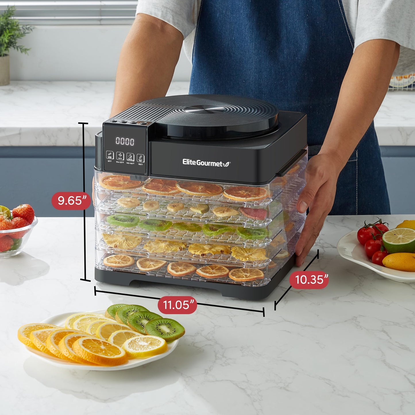 Elite Gourmet EFD422 Digital Food Dehydrator with 5 BPA Free Trays, Top Mounted Fan & Heater, Adjustable Timer and Temperature Controls, Jerky, Herbs, Fruit, Veggies, Snacks, Black