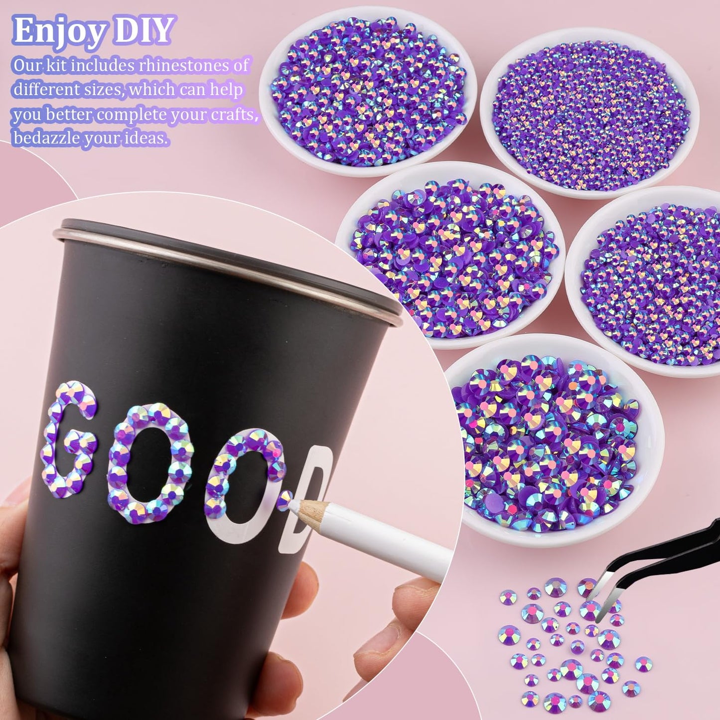 16000Pcs Resin Jelly Rhinestones with Tweezers for Crafting, Dark Purple AB 2-6mm Mixed Sizes Flatback Gems, Bedazzling Crystal for DIY Crafts Clothing Tumblers Mugs Shoes Fabric Nail Art