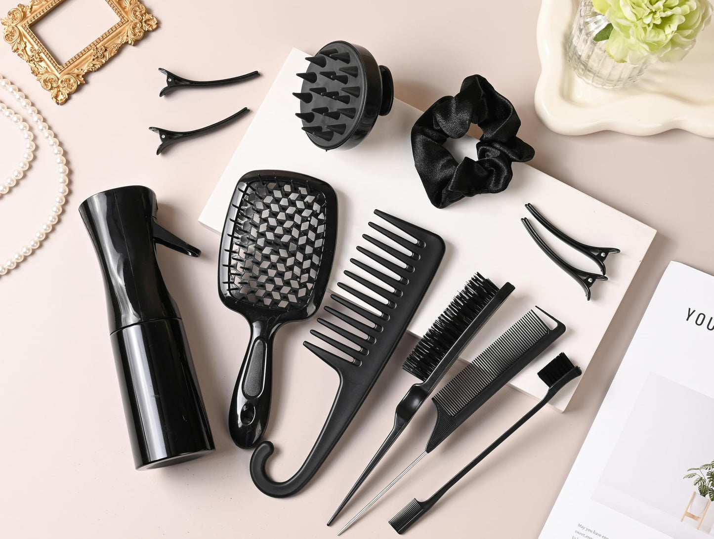 12 Pcs Hair Styling Brush Set with Detangler, Teasing, Rat Tail, Edge Brushes and Baby Hair Brushes - Soft Bristles for Baby Girls and Women (Black)