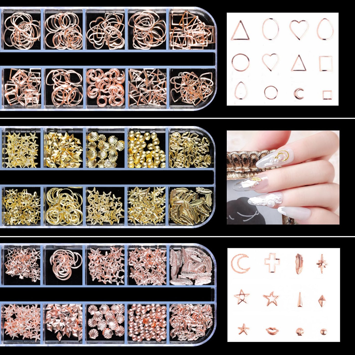 editTime 5 Boxes Gold Silver Metal Nail 3D Punk Studs Star Moon Heart Triangle Square Rivet Gems Nail Art Jewels with a Curved Tweezers and a Nail Brush (gold & rose gold & silver)