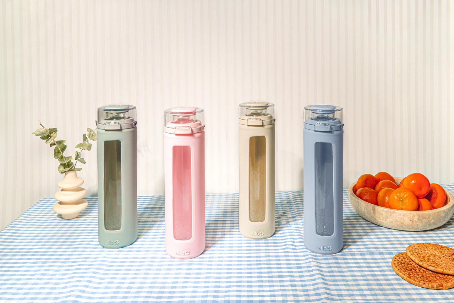 Ello Syndicate 20oz Reusable Glass Water Bottle with One-Touch Leak Proof Flip Lid, Protective Non-Slip Silicone Sleeve, Carry Loop for Coffee, Tea and Water, BPA-free, Dishwasher Safe, Tech Blue