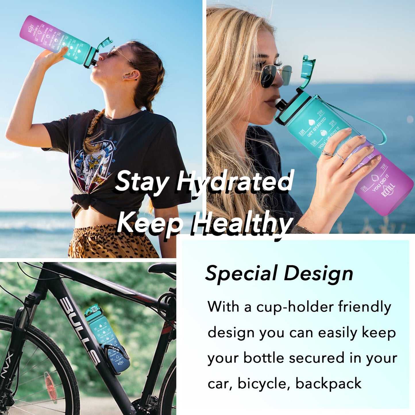 Enerbone 32 oz Water Bottle, Leakproof BPA & Toxic Free, Motivational Water Bottle with Times to Drink and Straw, Fitness Sports Water Bottle with Strap for Office, Gym, Outdoor Sports, Green-Purple
