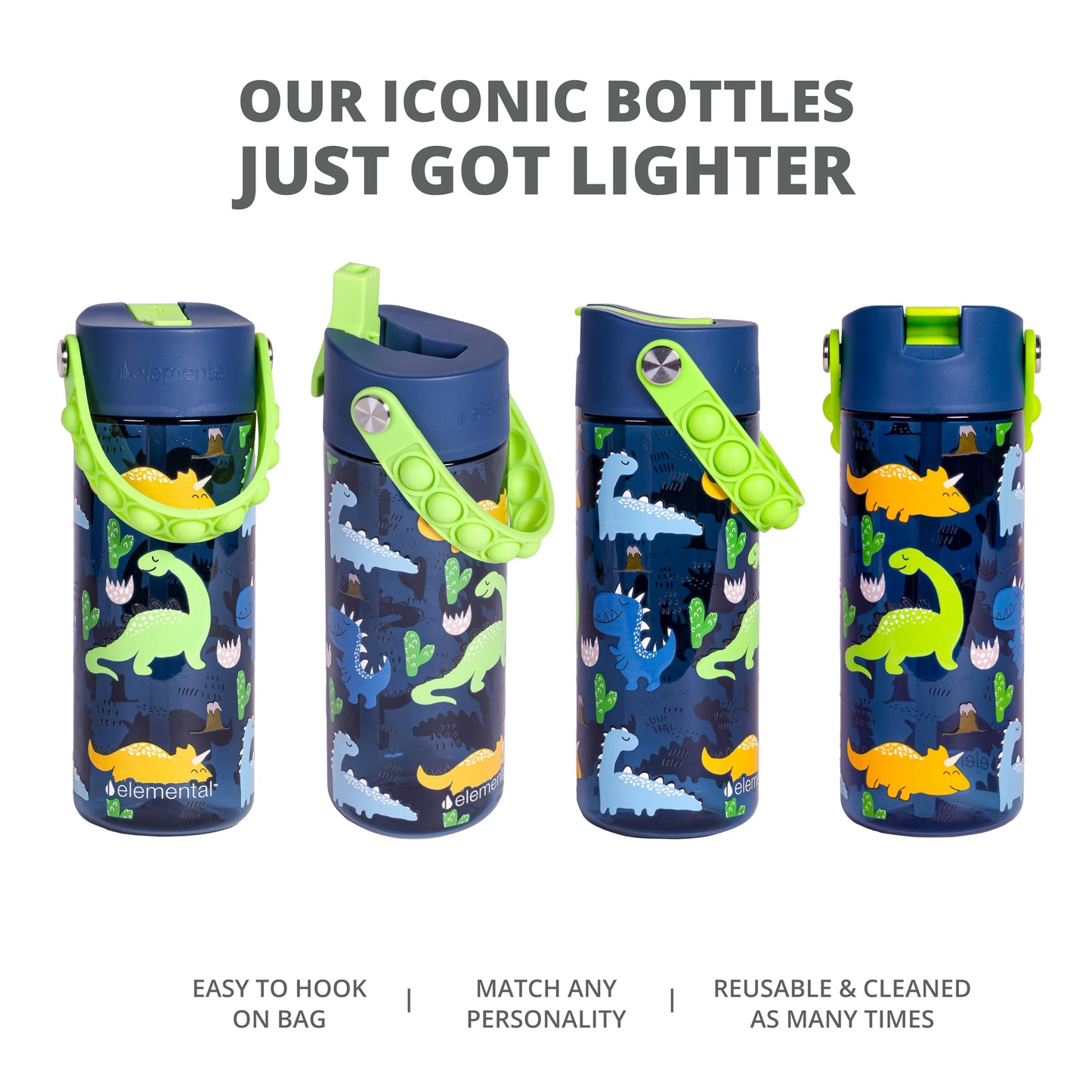Elemental Leak Proof Water Bottles for Kids - Splash Kids Water Bottle for School with Fun Fidget Pop-it Handle - BPA Free Tritan Plastic Reusable Water Bottle with Straw - Dinosaur - 18oz
