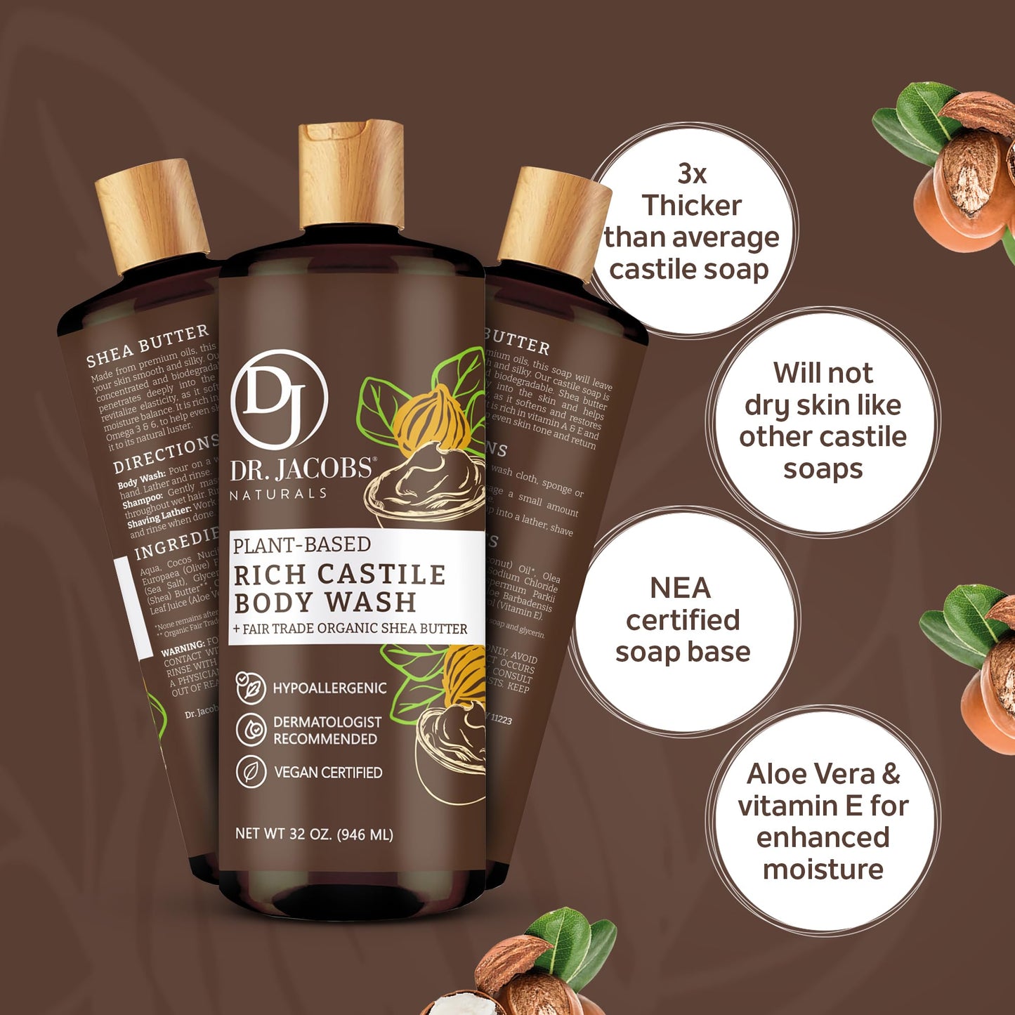 DR. JACOBS NATURALS Castile Shea Butter All-Natural Body Wash for Moisturizing Dry and Sensitive Skin Shampoo with Plant-Based Ingredients Gluten, Preservatives-Free Formula - 32 oz, Pack of 1