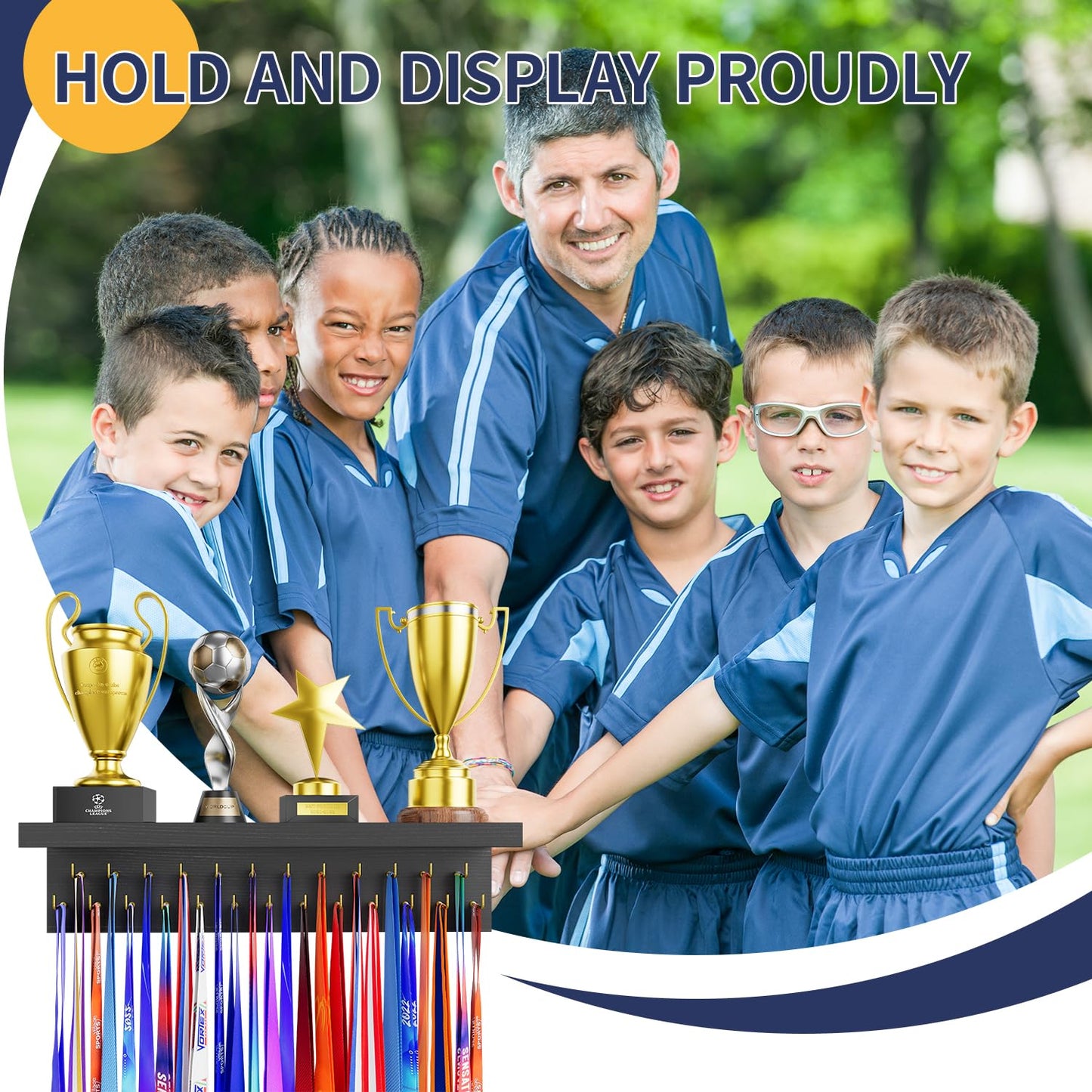 DSVENROLY Medal Holder Display Trophy Shelf Organizer,Sturdy Wooden Medal Trophy Hanger Rack with 25 Steel Hooks, Wall Mount Medal Hanger for Race Medals Trophies(2Pc, Retro Grey)