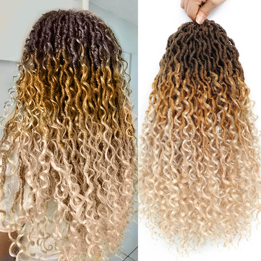 14 Inch 8 Packs Goddess Locs Crochet Hair Ombre Faux Locs Crochet Hair for Women Pre Looped Boho River Locs Crochet Hair with Curly Ends Synthetic (#4/27/613)