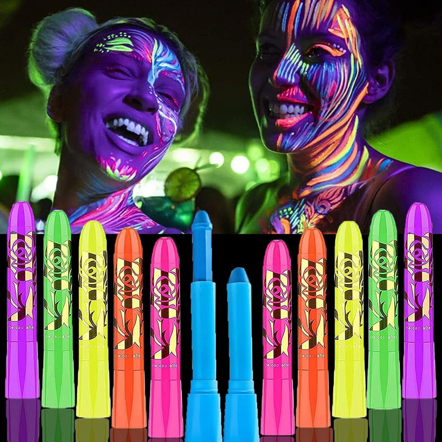 12pcs Glow Face Body Paint, Glow In The Dark Under UV Black Light Sticks Makeup Neon Face Painting Kits for Kids Adult Halloween Festival Accessory Glow Party Supplies