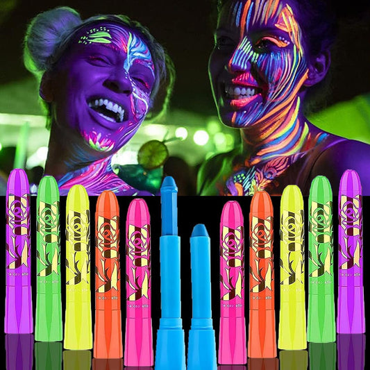12pcs Glow Face Body Paint, Glow In The Dark Under UV Black Light Sticks Makeup Neon Face Painting Kits for Kids Adult Halloween Festival Accessory Glow Party Supplies