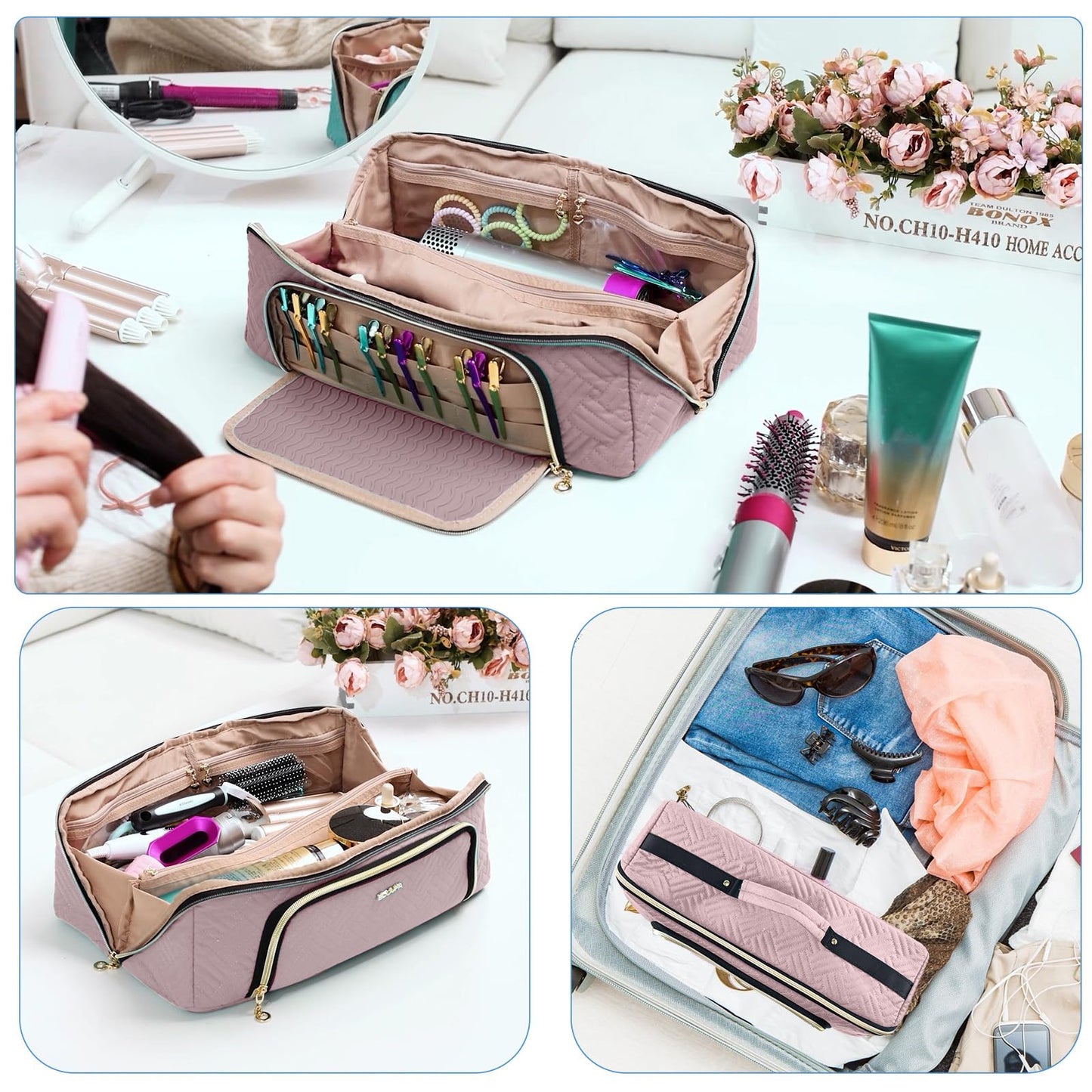 ELCUPA Large Hair Tools Travel Bag with Iron Mat - 2in1 Hair Tools Organizer for Hair Dryer Brush, Flat Irons, Straighteners, Curling Irons, Hair Bag, Makeup Bag, Cosmetic Bag for Travel Essentials