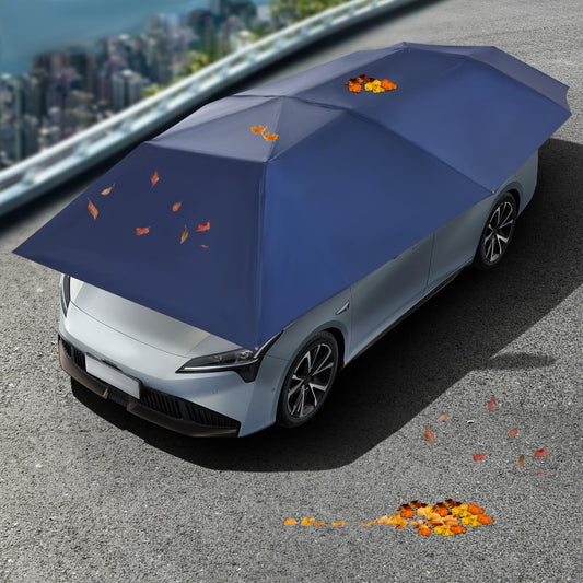 15.09x7.55ft Car Canopy Umbrella, Car Sun Shade Umbrella Cover Tent with Wind-Proof Ropes, Semi Automatic Portable Roof Tent for Cars Protection (Navy Blue)