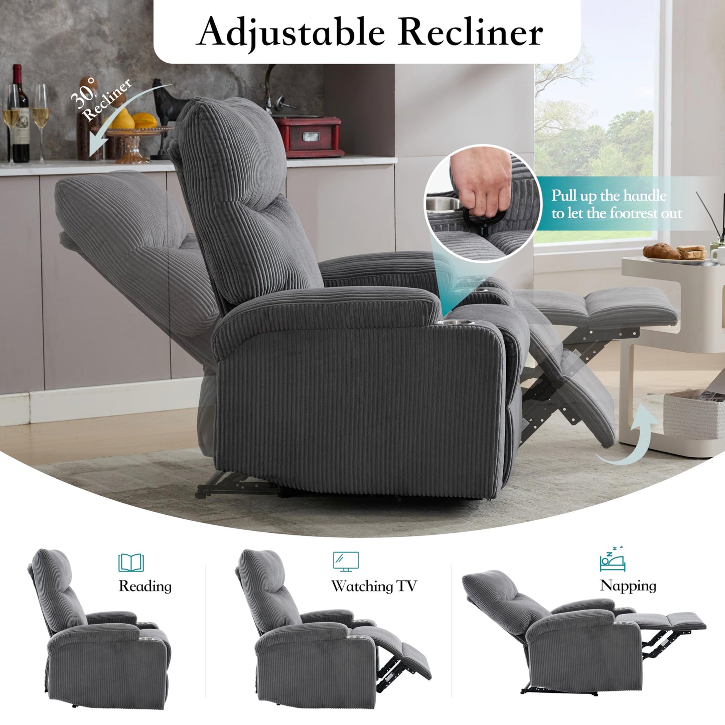 2 Pcs Recliner Chair, Manual Sofa-3 Comfortable Seating Positions, Ideal for Living Room, Office, RV, or Home Theater, Oversized Recliner Chairs for Adults(Dark Grey)