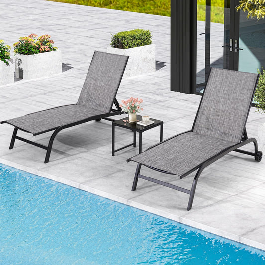 EROMMY Patio Chaise Lounge Chair Set of 2 with Table, Adjustable Backrest & Wheels, Oversized 26" W Outdoor Poolside Recliners for Garden, Deck, Lawn, Backyard