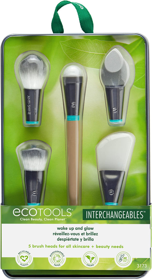EcoTools Wake Up + Glow Interchangeables Makeup Brush Set with Case, With Beauty Blender Makeup Sponge, Silicone Applicator Face Mask Brush, Eye Roller Depuffer (Set of 6)