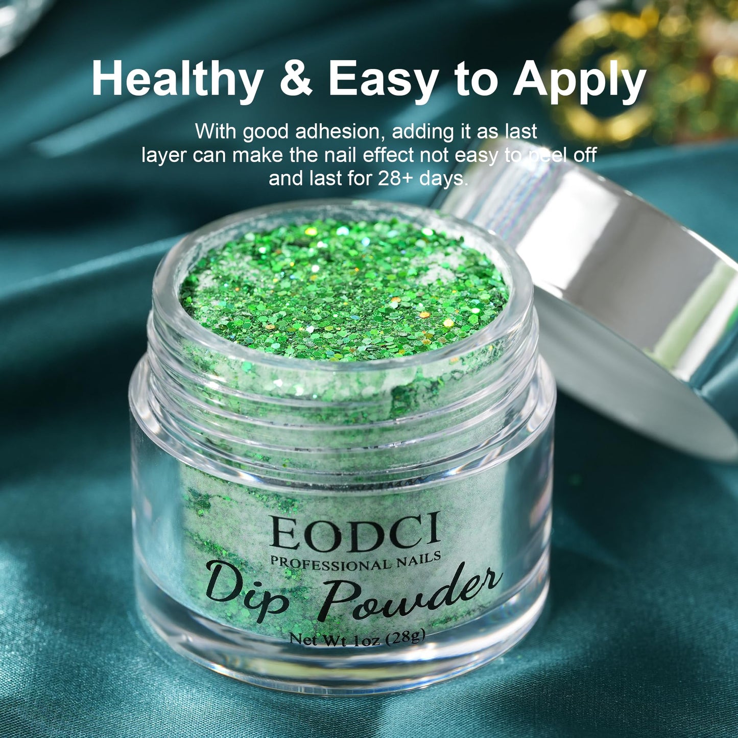 EODCI Dip Powder 1oz/28g Glitter Green Color Nail Dipping Powder French Pro Collection System Nail Art Starter Manicure Salon DIY at Home, Odor-Free & Long-Lasting