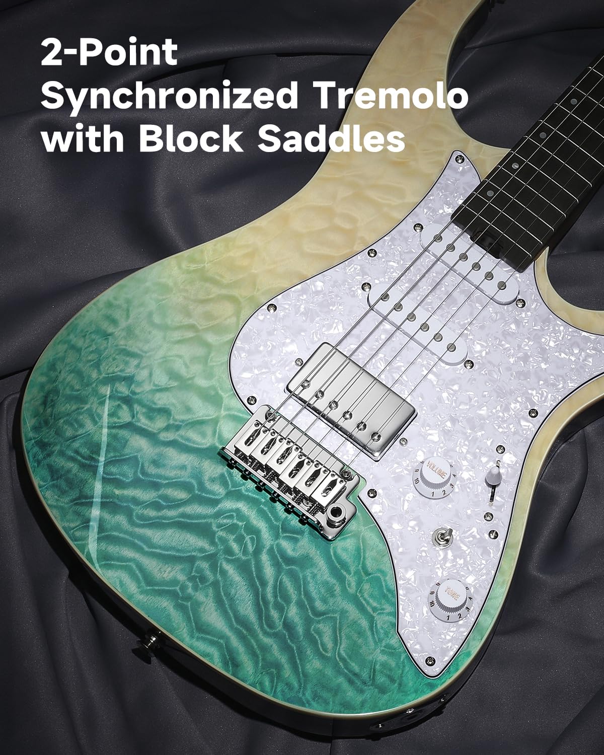 Donner 39 Inch Electric Guitar, DST-550 Color Gradient Poplar Body, Laurel Fretboard & Maple Veneer, 7 Tone Options, Tremolo Bridge, for Intermediate & Pro Players – Caribbean Shoreline Gradation