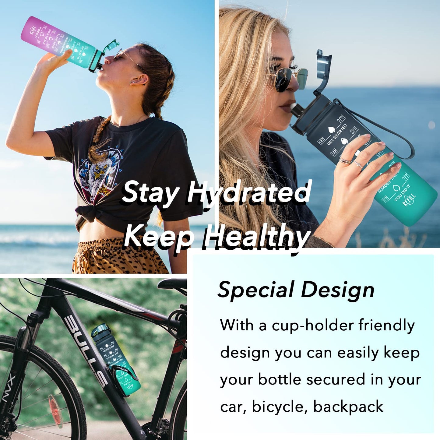 Enerbone 32 oz Water Bottle, Leakproof BPA & Toxic Free, Motivational Water Bottle with Times to Drink and Straw, Fitness Sports Water Bottle with Strap for Office, Gym, Outdoor Sports