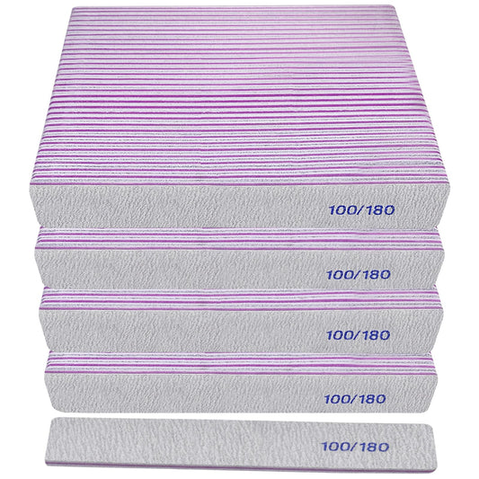 100/180 Grit Nail File (100 Pack), Emery Board Nail Files for Acrylic Nails and Natural Nails, Double Sided Emory Boards Professional Nail Filer Reusable Washable Manicure Square Gray