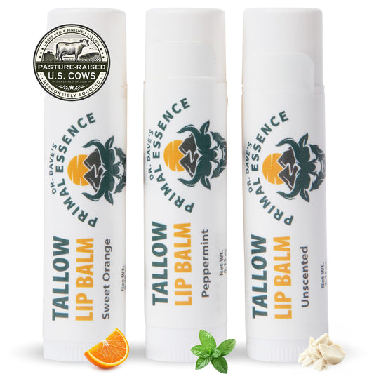Dr. Dave's Primal Essence Moisturizing Tallow Lip Balm - Grass-Fed Beef Tallow with Organic Coconut Oil, Beeswax and Vitamin E - Variety Pack, 3-Pack