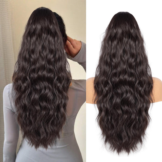 Drawstring Ponytail for Women, 26 inch Long Ponytail Extension, Soft Synthetic Pony Tails Hair Extensions, Clip in Ponytail Hair Extension for Daily Use (Dark Brown With a Slight Auburn Luster)