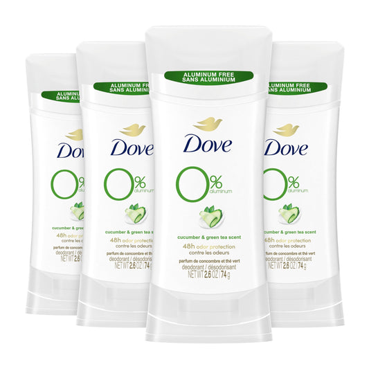 Dove 0% Aluminum Deodorant Stick Cucumber and Green Tea 4 Count Non-irritating for Underarm Care Kindest Aluminum Free 2.6 oz