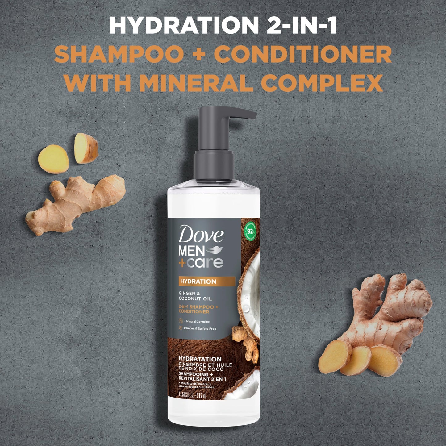 Dove Men+Care 2-in-1 Shampoo + Conditioner Ginger & Coconut Oil for Hydrated Hair, +Mineral Complex, 17.5 oz