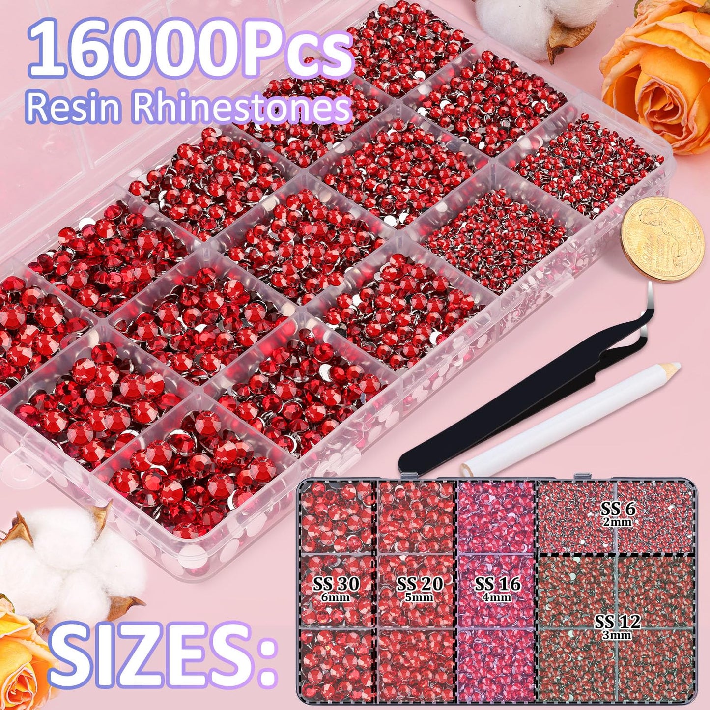 16000Pcs Resin Red Rhinestones for Crafting, Non Hotfix Flatback Gems, Bedazzling Crystal with 3Pcs 10ml B7000 Jewelry Glue for DIY Crafts Clothing Tumblers Shoes Fabric Nail Art