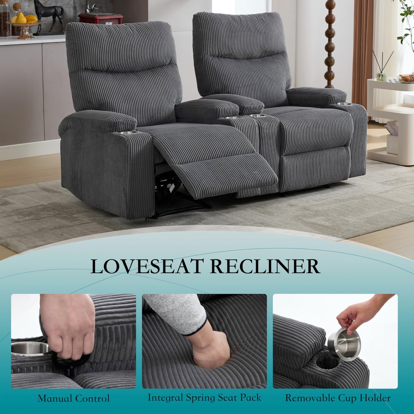 2 Pcs Recliner Chair, Manual Sofa-3 Comfortable Seating Positions, Ideal for Living Room, Office, RV, or Home Theater, Oversized Recliner Chairs for Adults(Dark Grey)