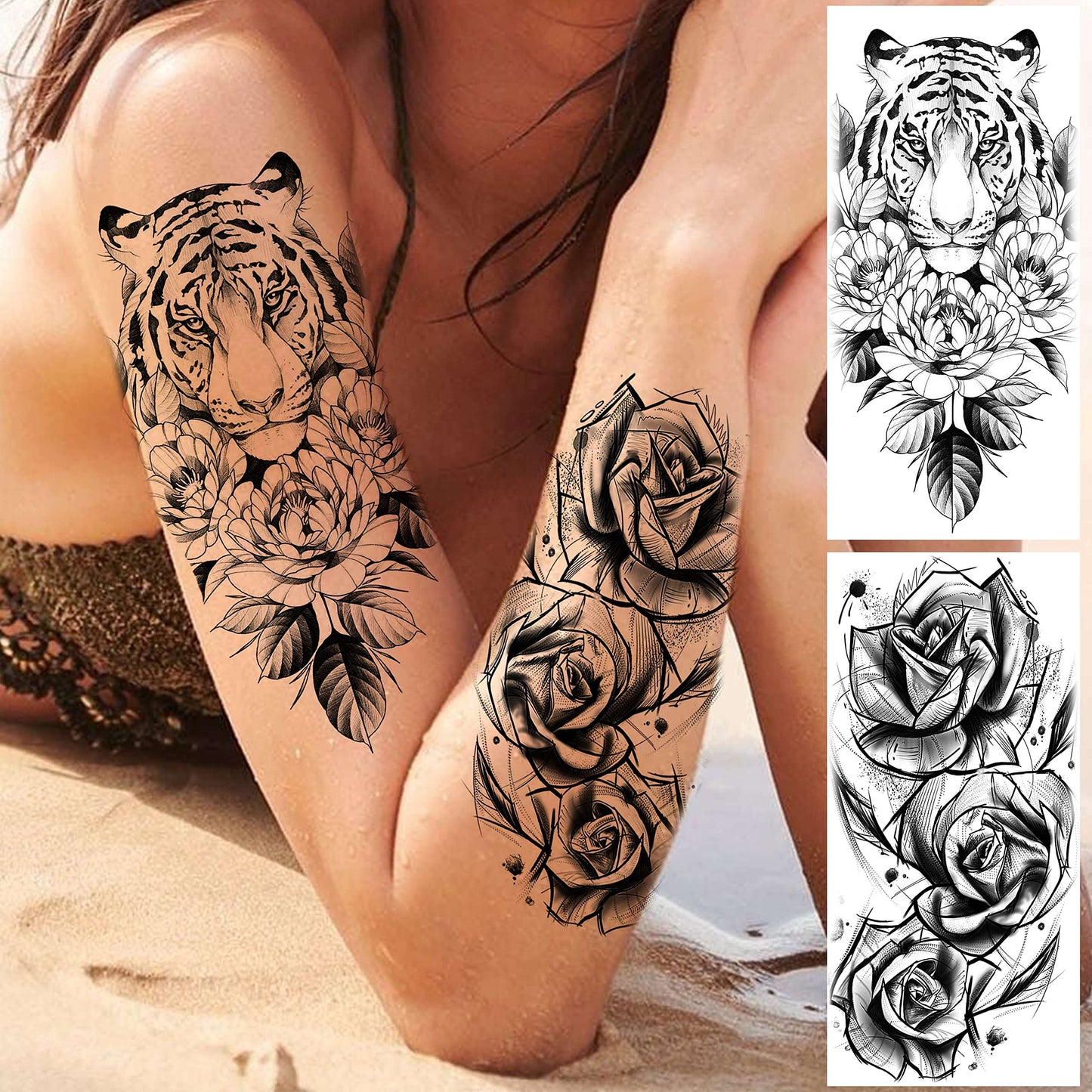 EGMBGM 69 Sheets Realistic Peony Rose Flower Temporary Tattoos For Women Girls Arm Thigh, Owl Tiger Floral Waterproof Long Lasting Temp Fake Tattoos For Women, Small Black Tattoo Stickers Kids Finger