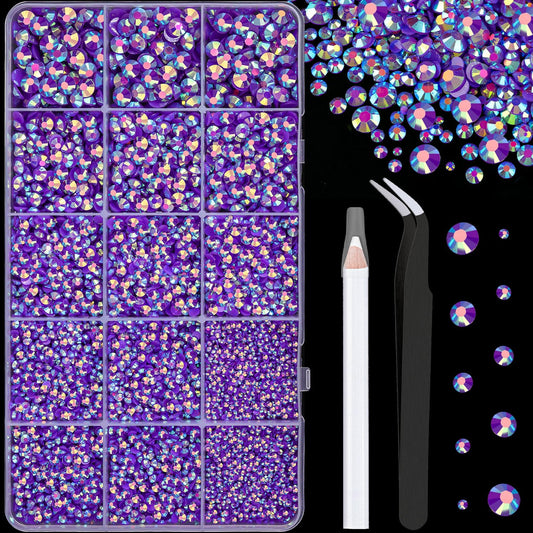 16000Pcs Resin Jelly Rhinestones with Tweezers for Crafting, Dark Purple AB 2-6mm Mixed Sizes Flatback Gems, Bedazzling Crystal for DIY Crafts Clothing Tumblers Mugs Shoes Fabric Nail Art