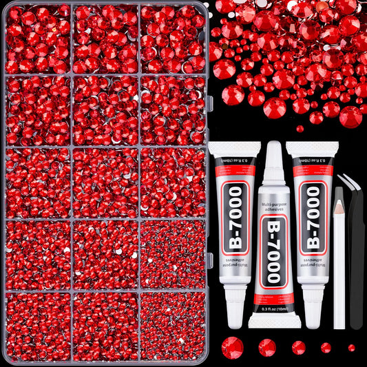16000Pcs Resin Red Rhinestones for Crafting, Non Hotfix Flatback Gems, Bedazzling Crystal with 3Pcs 10ml B7000 Jewelry Glue for DIY Crafts Clothing Tumblers Shoes Fabric Nail Art