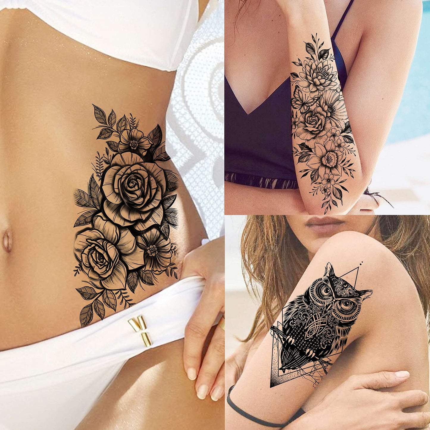 EGMBGM 69 Sheets Realistic Peony Rose Flower Temporary Tattoos For Women Girls Arm Thigh, Owl Tiger Floral Waterproof Long Lasting Temp Fake Tattoos For Women, Small Black Tattoo Stickers Kids Finger