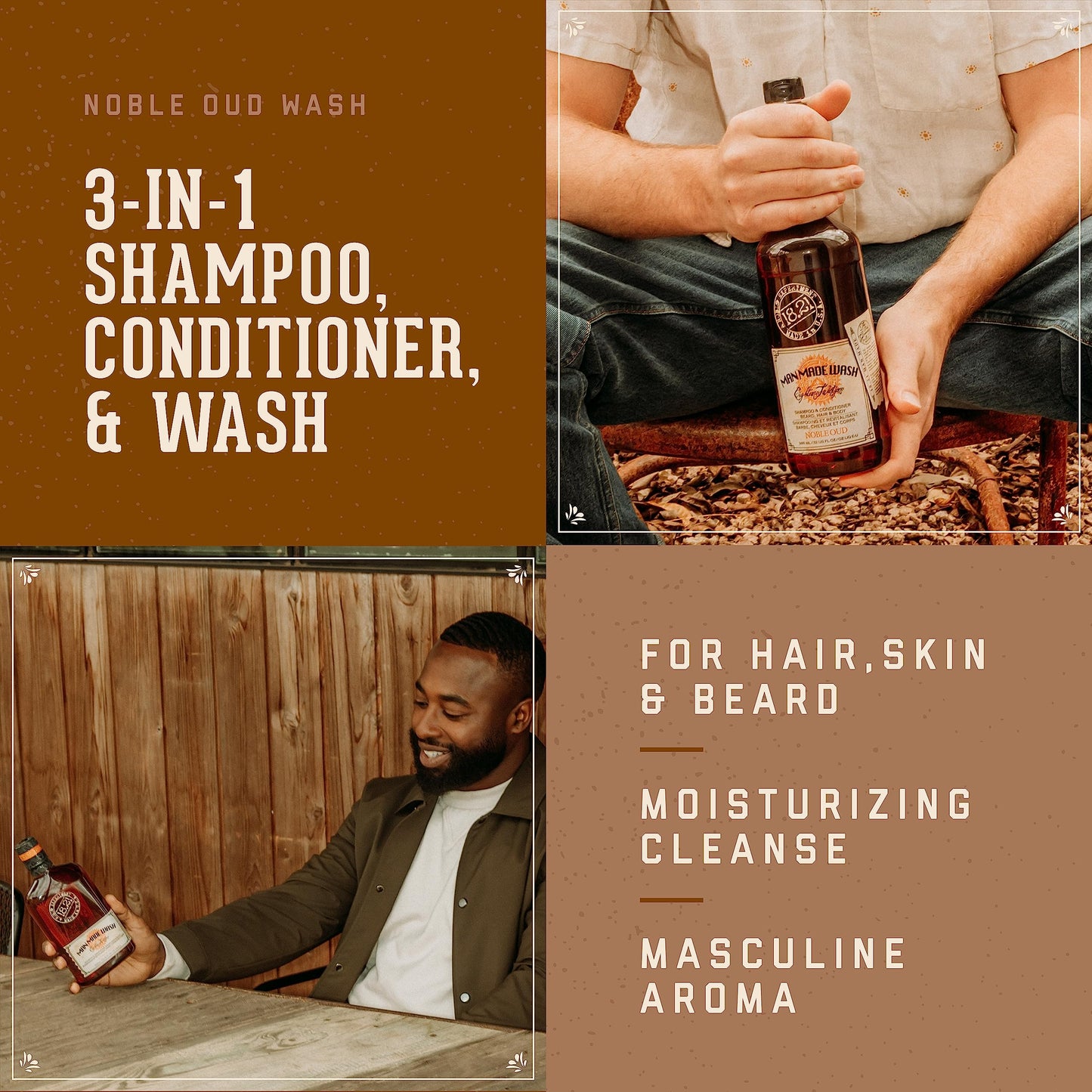 18.21 Man Made Original Noble Oud 3-in-1 Body Wash, Shampoo, & Conditioner for Men, All Hair & Skin Types, Strengthens and Moisturizes in a Manly Aroma, 3.4oz