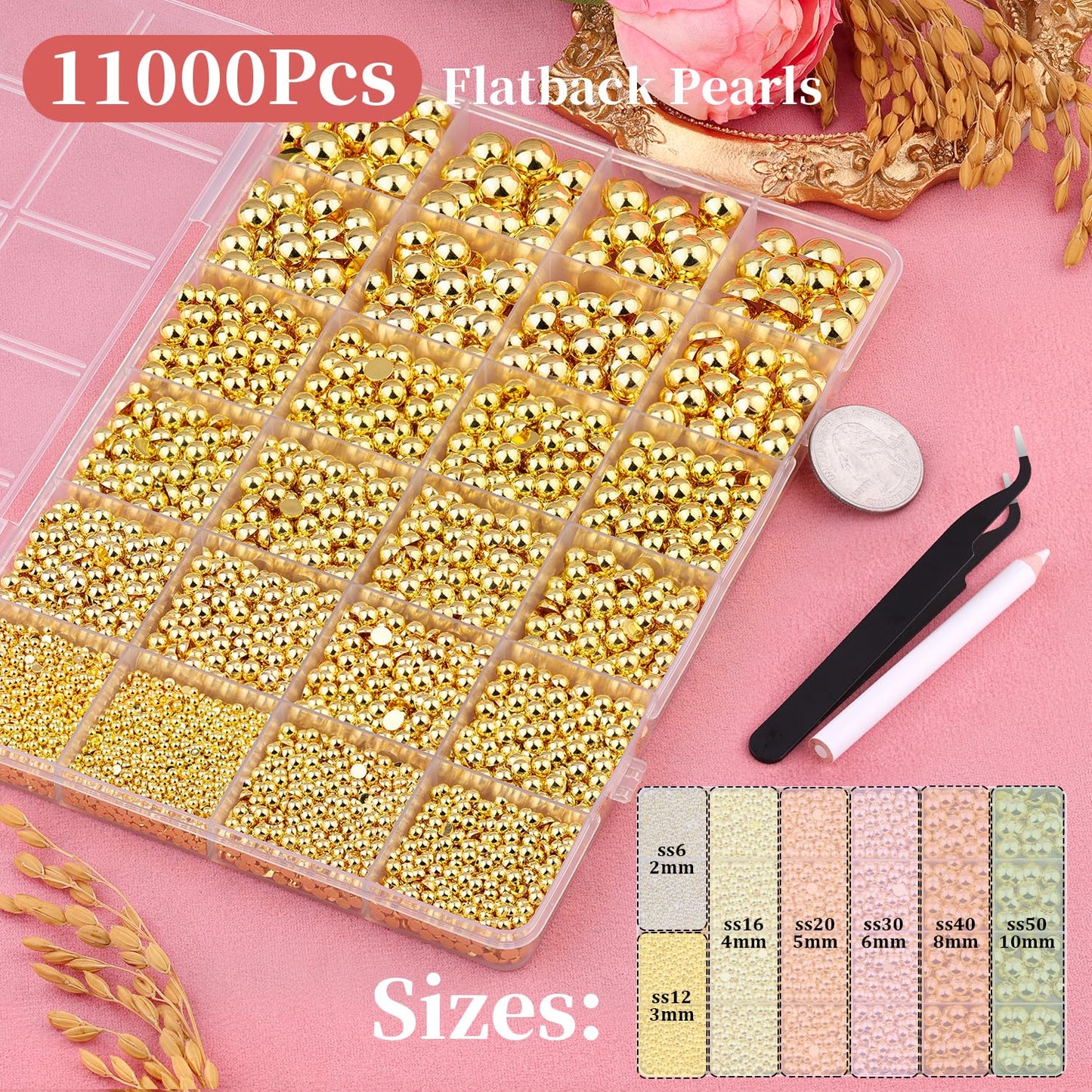 11000Pcs Flatback Pearls for Crafting (Gold), Assorted Size 2/3/4/5/6/8/10mm Half Pearl with 3Pcs 10ml B7000 Jewelry Glue, Bedazzling Bead for DIY Crafts Clothing Tumblers Shoes Embellishment Nail Art