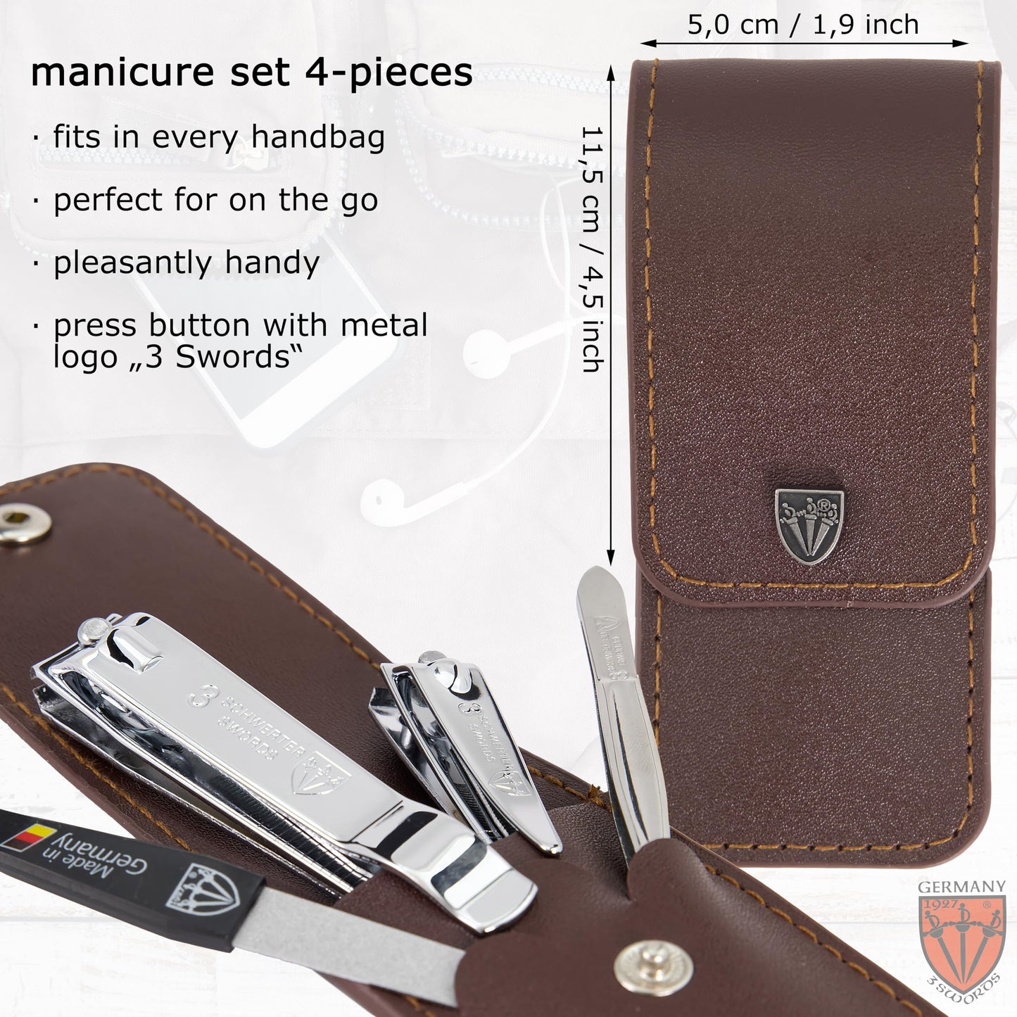 3 Swords Germany - Brand Quality 4 Piece Manicure Pedicure Grooming kit Set for Professional Finger & Toe Nail Care Tweezers File Clipper Brown Synthetic Leather case - Made by 3 Swords
