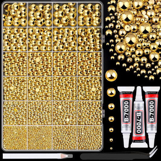11000Pcs Flatback Pearls for Crafting (Gold), Assorted Size 2/3/4/5/6/8/10mm Half Pearl with 3Pcs 10ml B7000 Jewelry Glue, Bedazzling Bead for DIY Crafts Clothing Tumblers Shoes Embellishment Nail Art