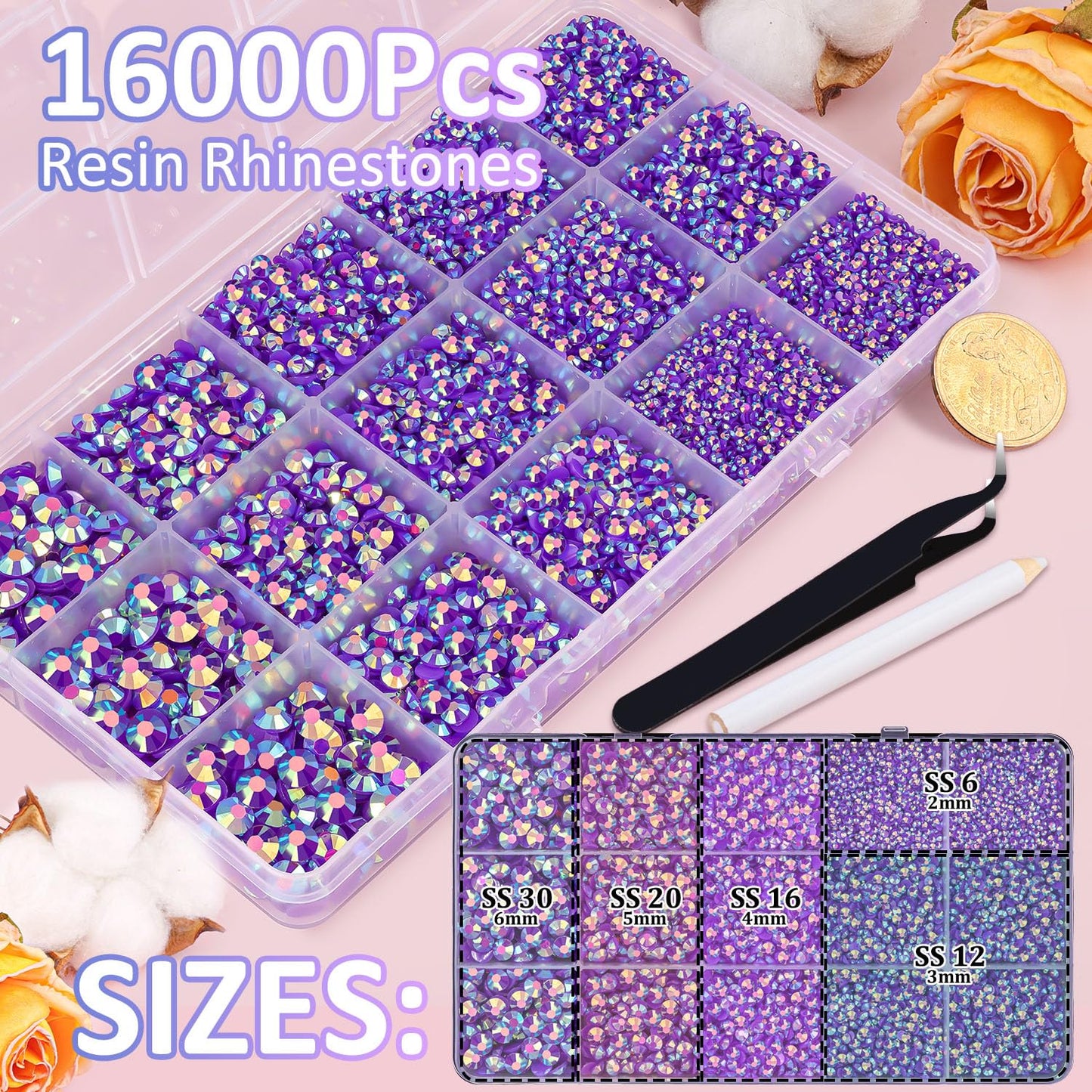 16000Pcs Resin Jelly Rhinestones with Tweezers for Crafting, Dark Purple AB 2-6mm Mixed Sizes Flatback Gems, Bedazzling Crystal for DIY Crafts Clothing Tumblers Mugs Shoes Fabric Nail Art