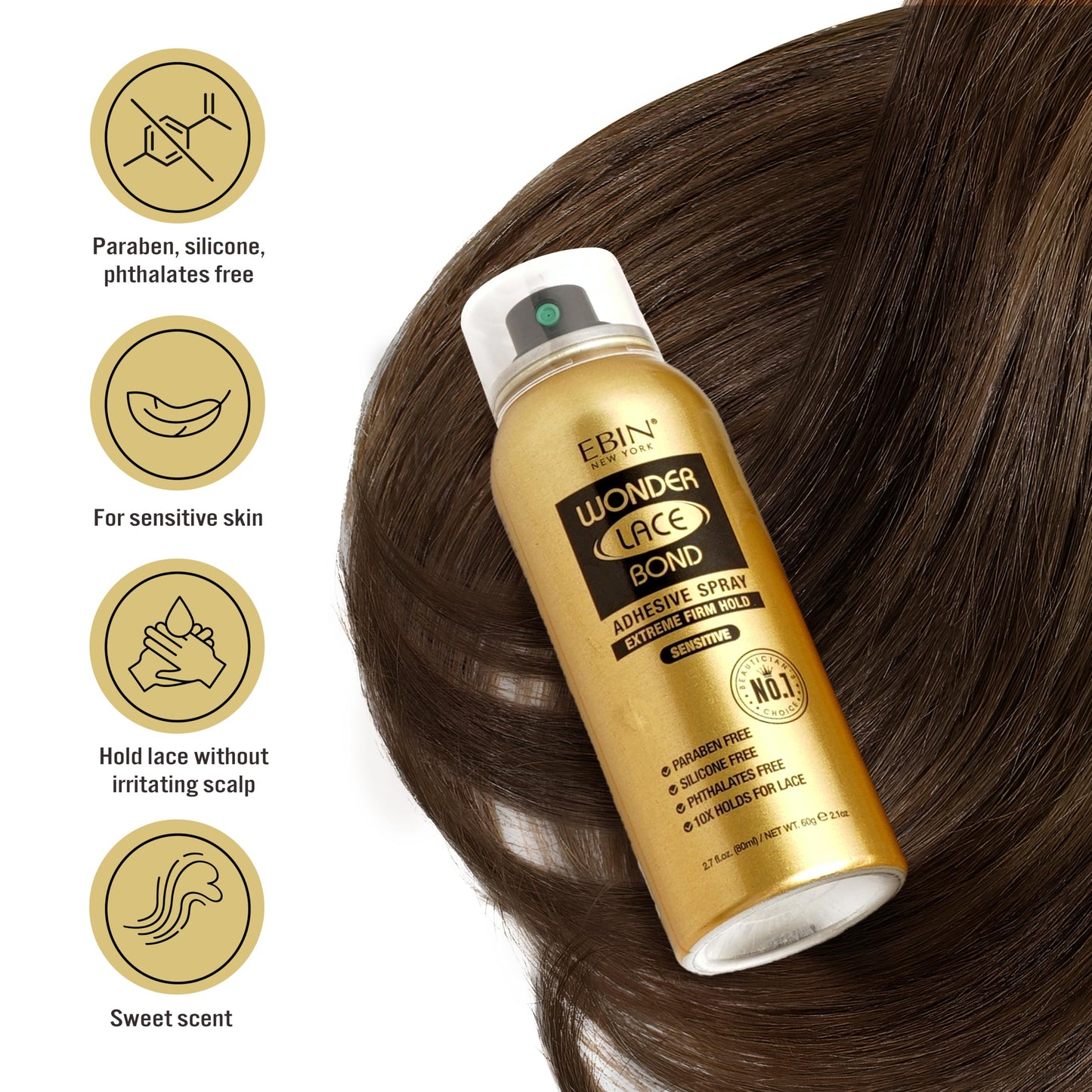 EBIN NEW YORK Wonder Lace Bond Adhesive Spray - Sensitive, Extreme Firm Hold, 2.7 fl. oz./ 80ml | Fast Drying, No Residue, No Build Up, Powerful All-Day Hold, Daily Wig Application